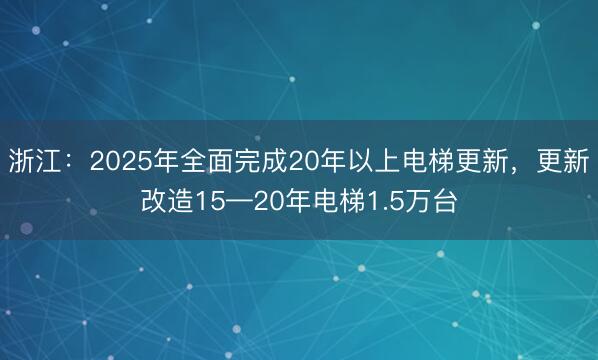 浙江：2025年全面完成20年以上电梯更新，更新改造15—20年电梯1.5万台